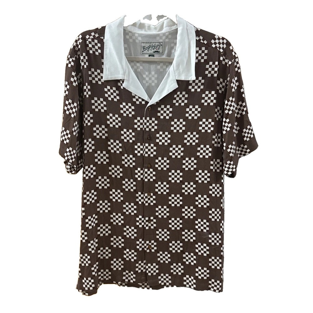 Bogey Boys Golf Buttton Up Golf Shirt Big Check Brown Retro Men's Sz M